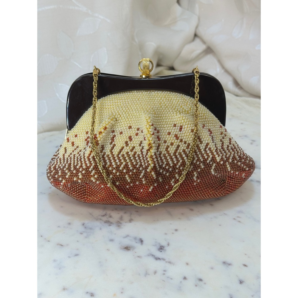 Vintage Beaded Evening Clutch Purse Lucite Frame Gold Chain Cream Brown Handbag